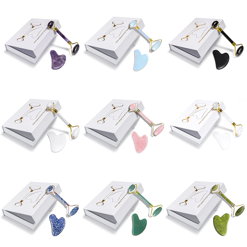 Jade Roller Gua Sha - Zestaw do masażu z różowego kwarcu,